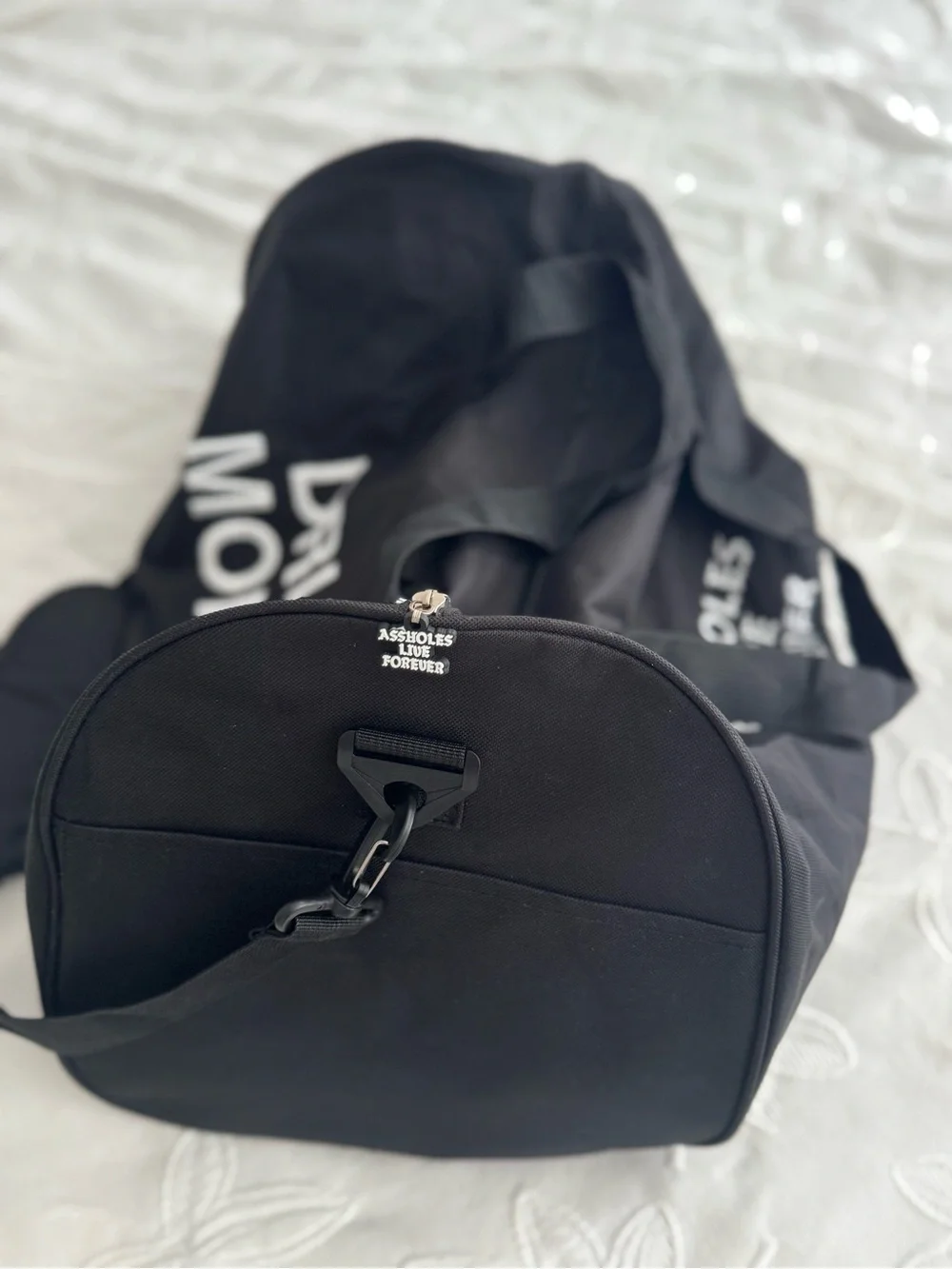 Black Duffel Bag with Bold White 'DRUG MONEY' Branding
